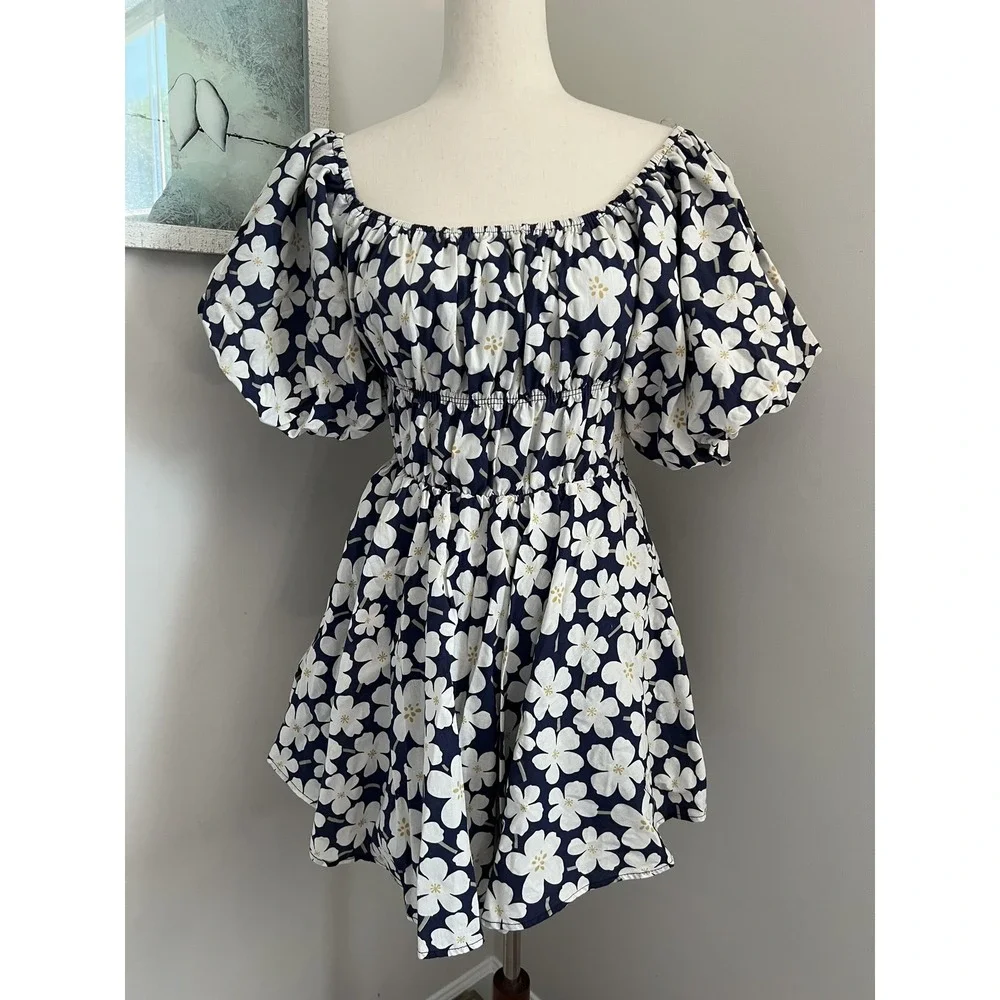 Blue Floral Off Shoulder Babydoll Mini Dress Smocked Sundress Cottage Boho - Picture 1 of 10